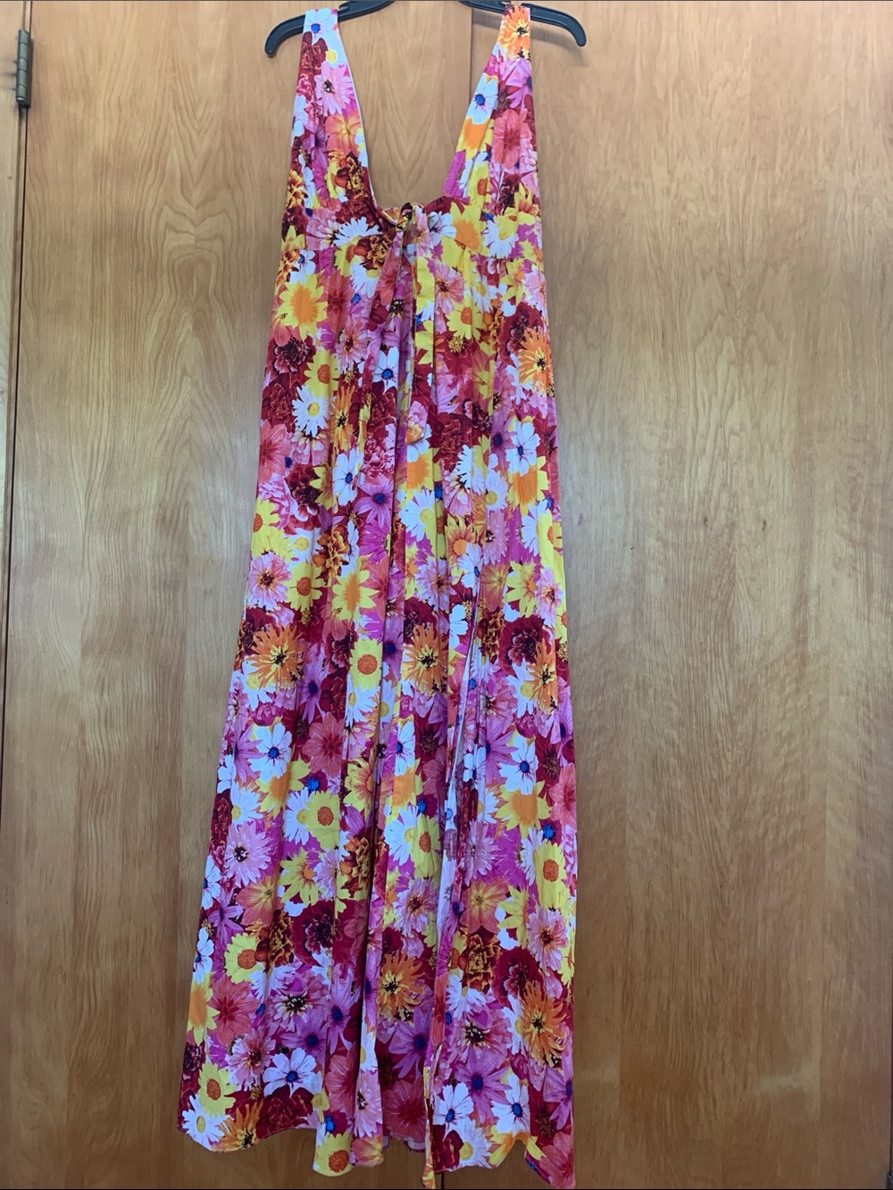 Cotton Floral Tie-Front Backless Maxi Sundress with front slit and deep V sz L